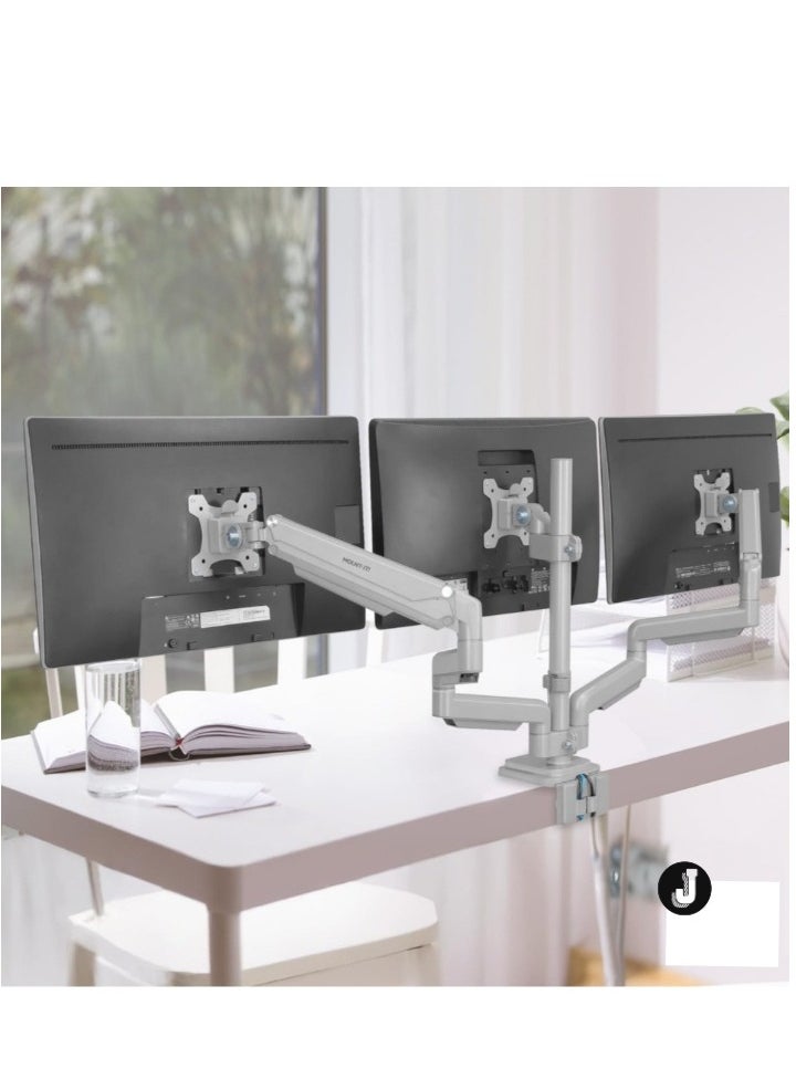 Ergonomic Triple Monitor Mount – Height Adjustable, USB & Audio Integration, Supports 24”-32” Displays, Ideal for Office and Gaming Setups