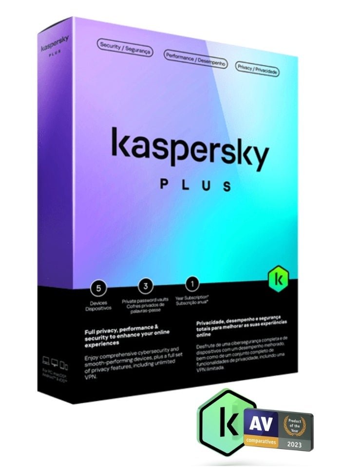 Kasperky Plus Internet Security for 5 Devices - 3 Private Password Vaults - 1 Year