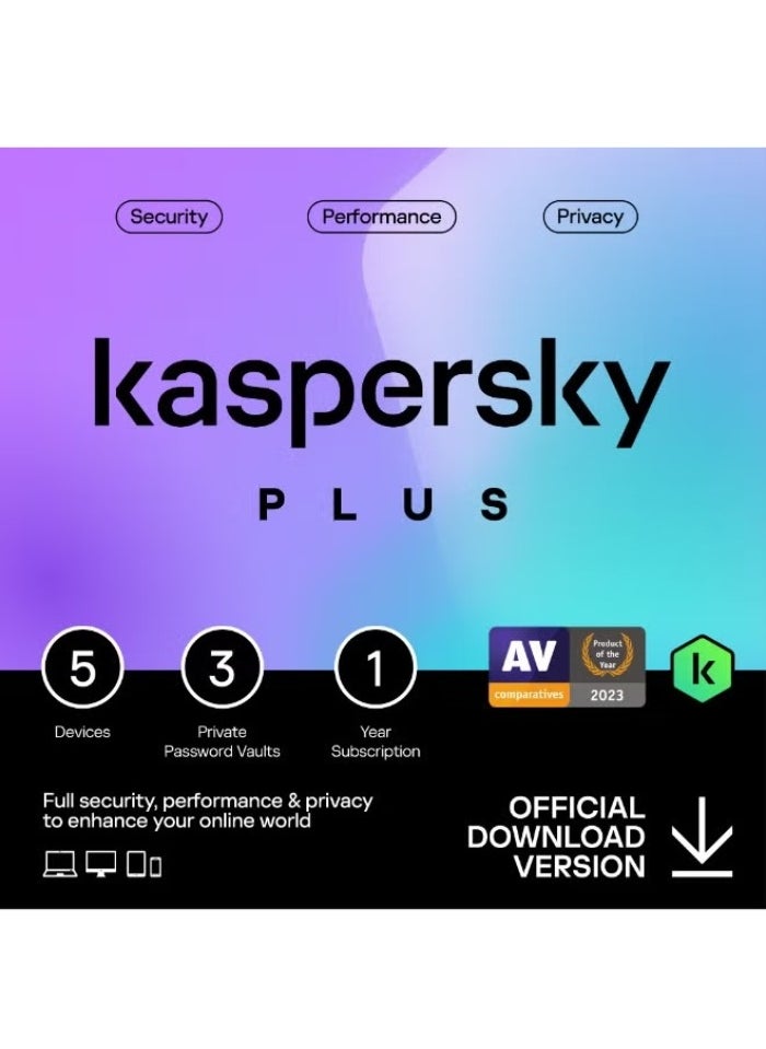 Kasperky Plus Internet Security for 5 Devices - 3 Private Password Vaults - 1 Year