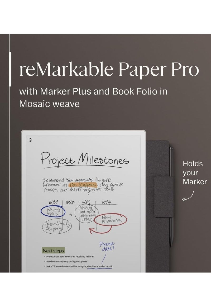 Remarkable Paper Pro Tablet 11.8-inch & Marker Plus Pen with Eraser and a Book Folio Cover Mosaic Weave – Basalt