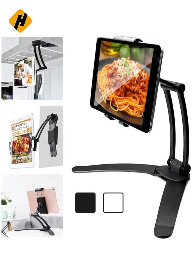 Kitchen Tablet Stand Wall Mount Adjustable, Stand 2-in-1 Kitchen Wall/Tabletop Desktop Mount Recipe Holder Stand for 4-11 Inch iPad Air Mini, iPhone 14 PRO  Max XR X 6 7 8 Plus More Tablets (Black)