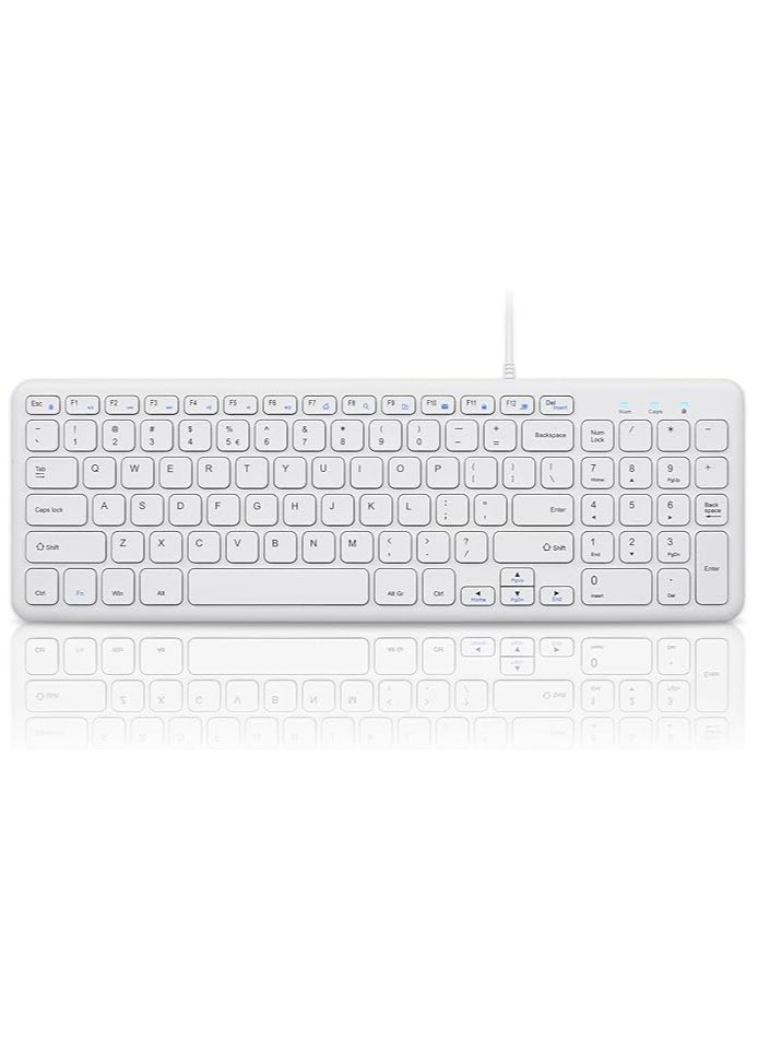 213W Wired Quiet USB Scissor Keyboard - 14.45x4.76x0.70 Inches - Compact Design with Number Pad - White - US English