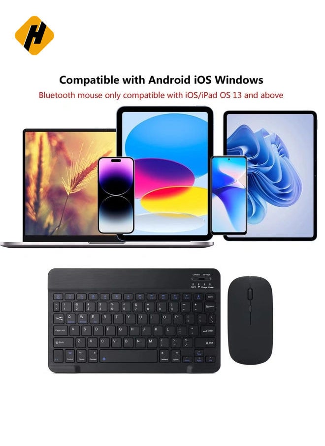 Rechargeable Bluetooth Keyboard and Mouse Combo Portable Compact Wireless Mouse Keyboard Set for Android Windows Tablet Cell Phone iPhone iPad Pro Air Mini, iPad OS/iOS 13 and above (Black)