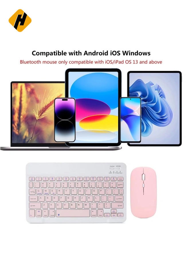 Rechargeable Bluetooth Keyboard and Mouse Combo Ultra-Slim Portable Compact Wireless Mouse Keyboard Set for Android Windows Tablet Cell Phone iPhone iPad Pro Air Mini, iPad OS/iOS (Pink)