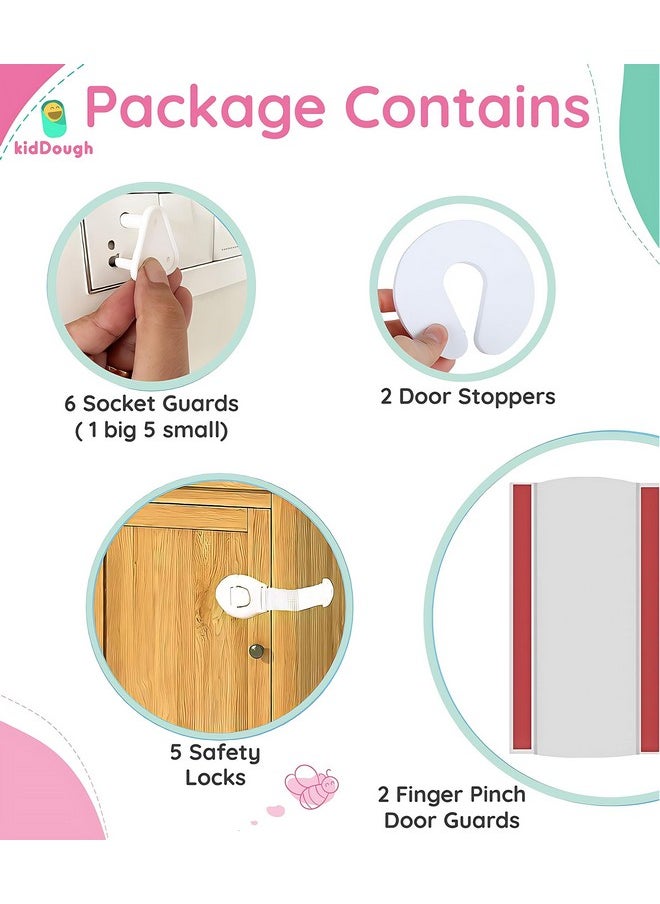 Baby Safety Kit - 2 Finger Pinch Door Hinge Guards + 2 C-Shape Door Stopper + 6 Socket Guards + 5 Child Safety Locks For Drawers, Cabinets Etc., All-In-One Baby Products, 1 Pack, Transparent