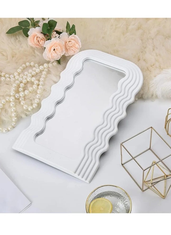 Aesthetic Wave Pattern Irregular Frame Mirror, Decorative Desk Wall Mirror for Living Room Bedroom Hallway Home Decor (White)