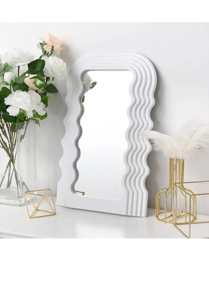 Aesthetic Wave Pattern Irregular Frame Mirror, Decorative Desk Wall Mirror for Living Room Bedroom Hallway Home Decor (White)