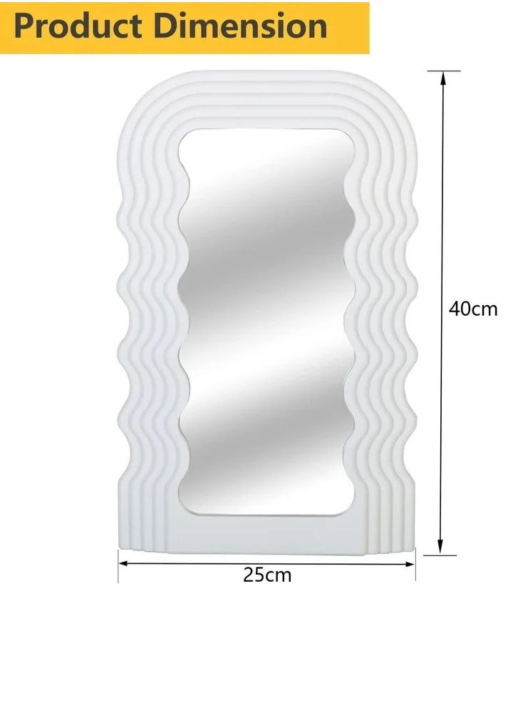 Aesthetic Wave Pattern Irregular Frame Mirror, Decorative Desk Wall Mirror for Living Room Bedroom Hallway Home Decor (White)