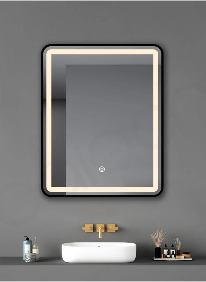 Square Smart LED Vanity Mirror Dimmable Wall Mounted Vanity Mirror with Metal Frame Waterproof Smart Mirror Memory Function Matte Black 80*60