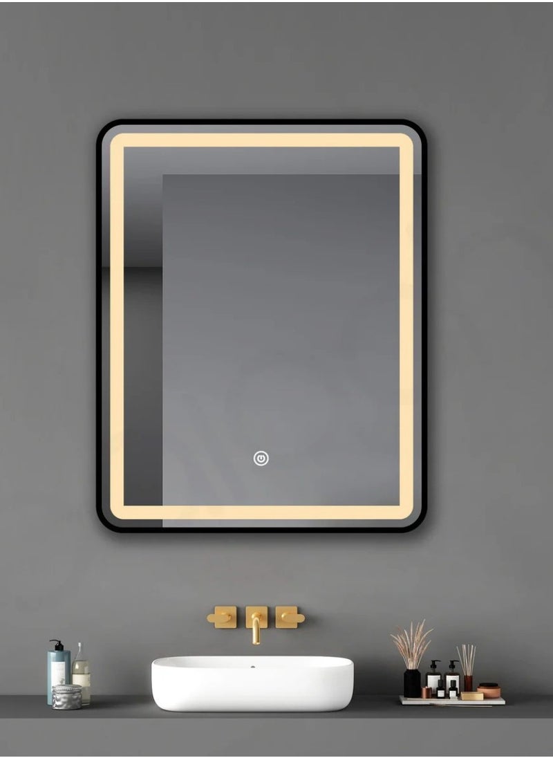 Square Smart LED Vanity Mirror Dimmable Wall Mounted Vanity Mirror with Metal Frame Waterproof Smart Mirror Memory Function Matte Black 80*60