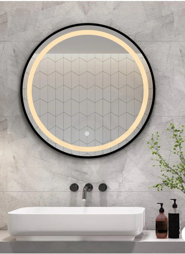 Round Smart LED Vanity  Mirror Dimmable Wall Mounted Vanity Mirror with Metal Frame Waterproof Smart Mirror Memory Function Matte Black 60*60