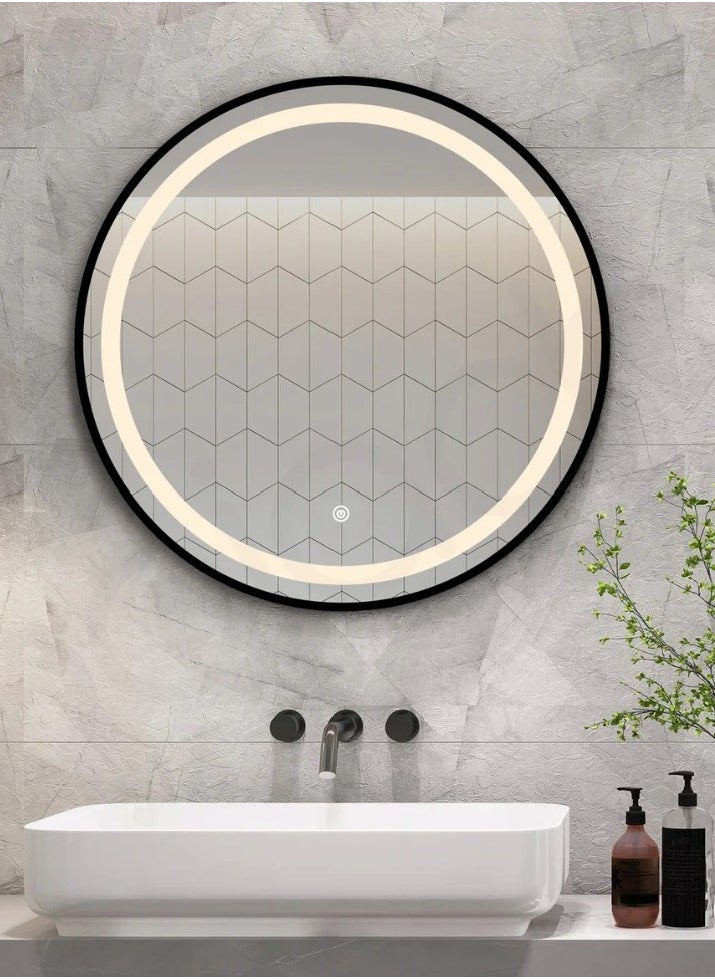 Round Smart LED Vanity  Mirror Dimmable Wall Mounted Vanity Mirror with Metal Frame Waterproof Smart Mirror Memory Function Matte Black 60*60