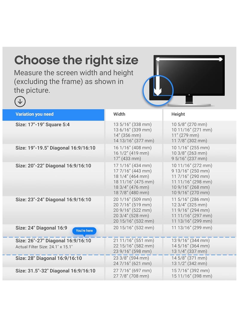 VINTEZ Blue Light Blocking Screen Protector Panel for 26, 27 inch Diagonal PC Anti-UV Eye Protection Filter Film - Widescreen Laptop and Monitor Frame Hanging Type (W 24.1