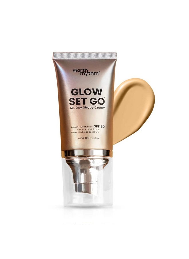 Glow Set Go Multipurpose Strobe Cream Spf 50 Pa++++ | Primer, Highlighter, Moisturizer | Cocoa Butter, Vitamin E - Golden Glow - 40Ml