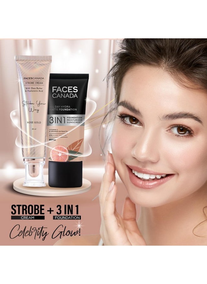 Faces Canada Strobe Cream - Rose Gold, 30Ml | Primer + Highlighter + Moisturizer | Shea Butter & Hyaluronic Acid | Intense Hydration | Flawless Radiant Dewy Skin | Illuminating & Glowing Makeup Base