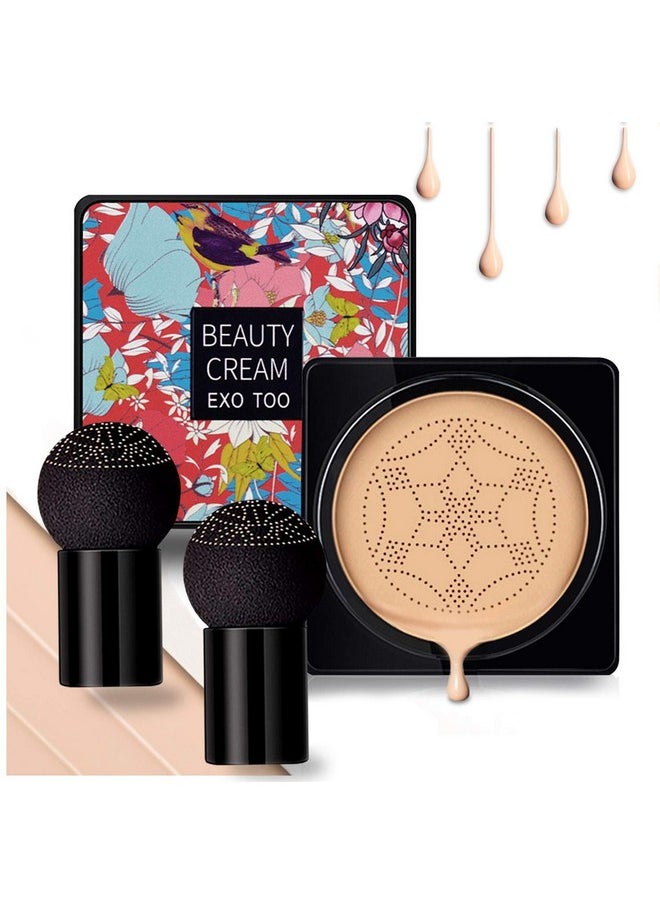 Air Cushion Cc Cream Mushroom Head, Moisturizing Concealer Makeup Base, Primer Liquid Foundation Long Lasting With Two Mushroom Makeup Sponges 【Natural】【Screw Lid】