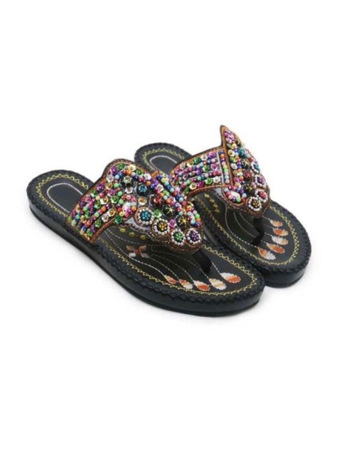 Beaded Flat Sandals Black