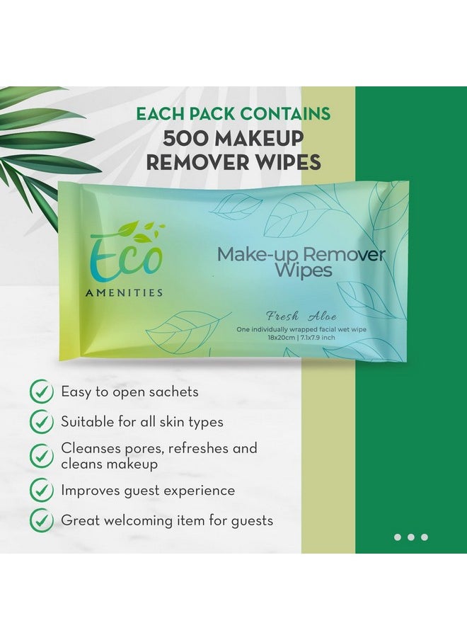 Ecoamenities Individual Makeup Remover Wipes Bulk - Travel Make Up Face Wipes Individually Wrapped For Women - 500 Pack Singles For Face, Eyes, Lips - Gentle & Suitable For All Skin Types