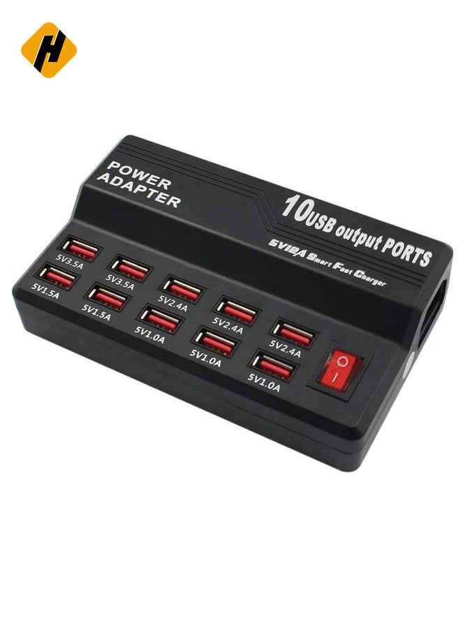 Multifunctional High Speed 10-Port USB AC to DC Power Socket USB Charging Station Travel Charger for Smart Phones Pad Tablet & USB-Powered Devices EU Plug