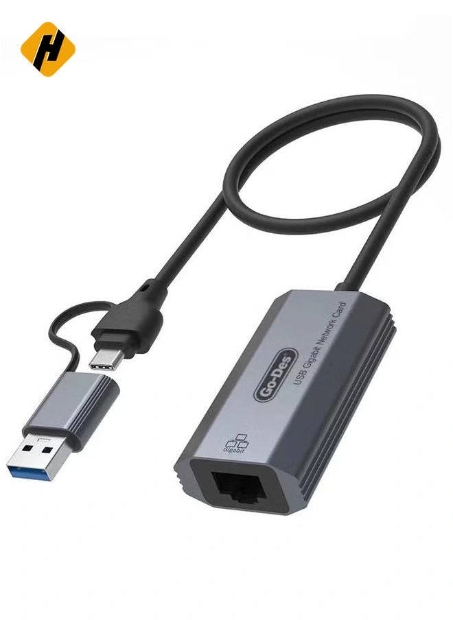 Go Des GD-6836 RJ45 to Type-C and USB-A Gigabit Ethernet Converter Cable 1000Mbps 50cm