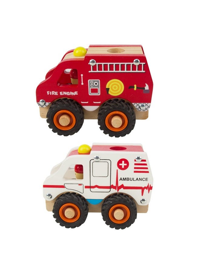 Wooden Push Car Toys For Infants 18 Months, 2 Pcs Baby Vehicle Toys Hand Push Car Toys For 2 Year Old Boys Girls (Ambulance + Fire Car)