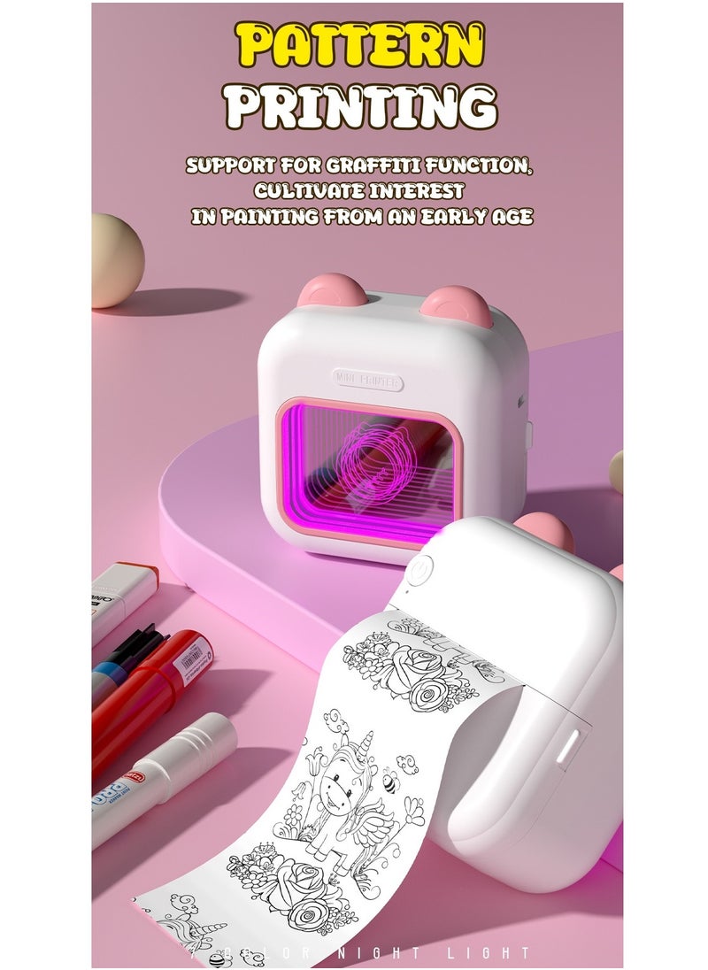 3 in 1 Portable Printer + Night Light + Mirror, Wireless Bluetooth Photo Printer Portable Thermal Label Printer - Mini Printer, Mini Receipt Printer Compatible with IOS and Android, Pink