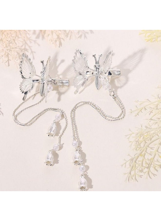 Butterfly Clips Hair Silver Hair Barrettes Fluttering Tassel Hair Accessories Set For Women And Girls (Pack Of 2)