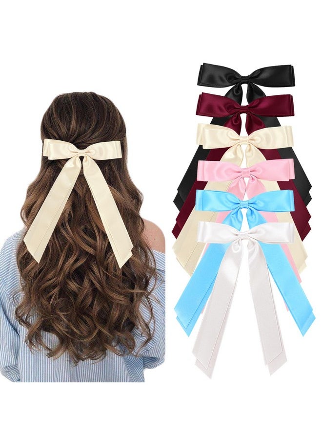 6Pcs Silky Satin Double Layered French Ribbon Bowknot Barrettes For Women, Girls, And Teens - Metal Clips