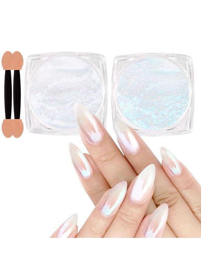 White Pearl Chrome Nail Powder, 2 Colors Aurora Powder Metallic Mirror Effect Glitter Powder Pearlescent Ice Transparent Mermaid Pigment Dust For Gel Polish Nail Art- White Pearl Peacock