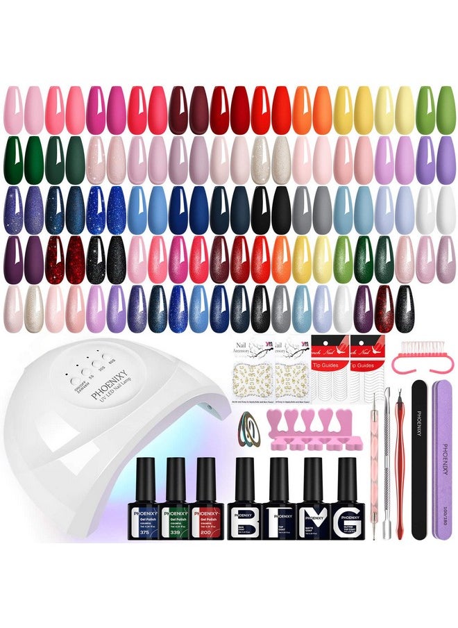 Gel Nail Polish Kit With U V Light 48W, 56 Pcs 108 Effect Gel Nail Kit Base Glitter Top Coat Gel Nail Polish Set Manicure Tools Gifts For Women