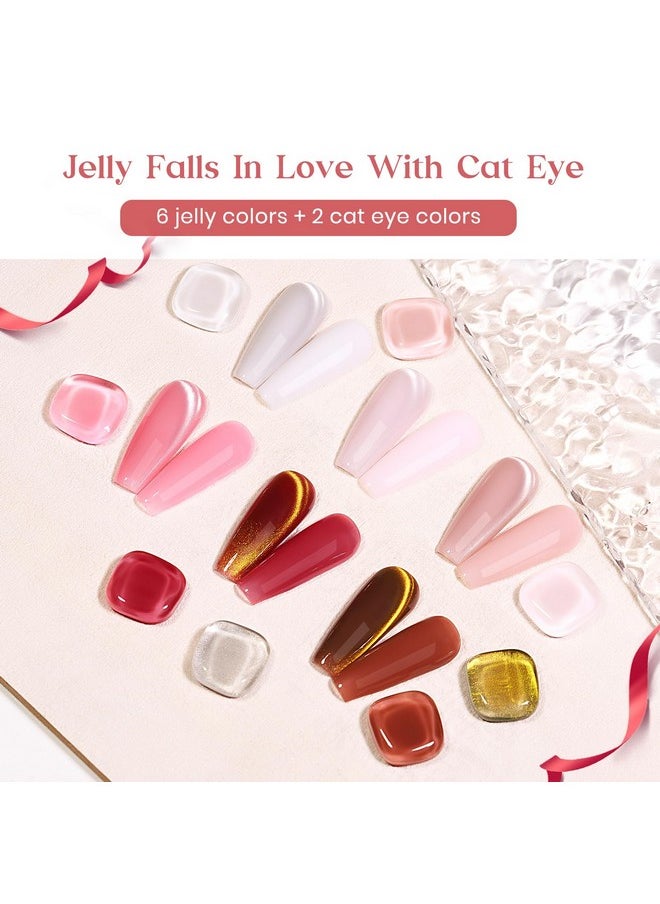 Jelly Gel Nail Polish Set With Classic Cateye Gel Nail Polish Gold Sliver, Translucent Nude Pink Brown Basic Colors With Glitter Cat Eye Gel And Magnet, Soak Off Nail Salon Home Manicure Gift