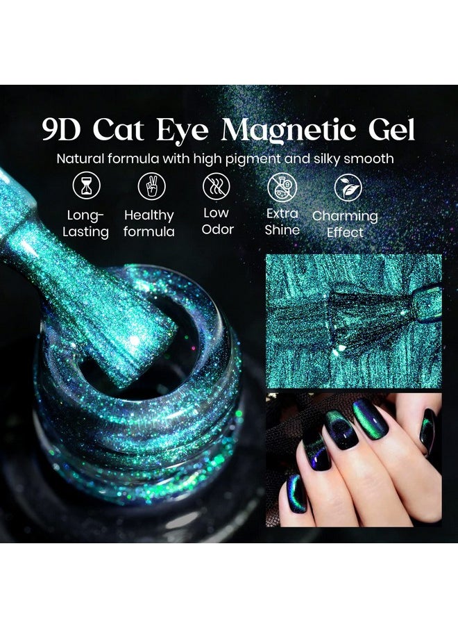 9D Cat Eye Gel Nail Polish 10Ml, Holographic Galaxy Cateye Magnetic Nail Polish Gel, Magic Chameleon Manicure Set(Cyan)