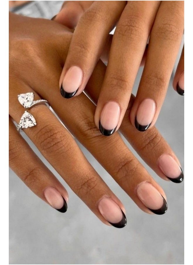 Black French Short Oval Press On Nails Artificial Nails, Reusable Fake Nails, Set Of 22 False Nails Universally Sized Nail Extensions For Women, Longlasting Fake Nails With Glue