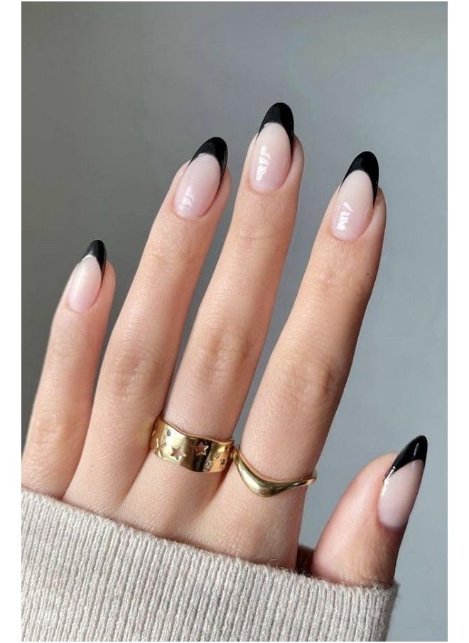 Black French Short Oval Press On Nails Artificial Nails, Reusable Fake Nails, Set Of 22 False Nails Universally Sized Nail Extensions For Women, Longlasting Fake Nails With Glue