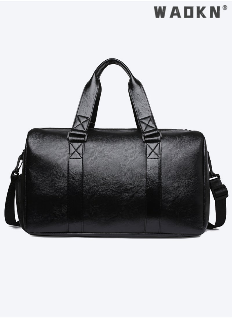 Sports Gym Bag, Sports Training Shoulder Bag, Men's and Women's Fitness PU Tote Waterproof Large Capacity with Shoe Compartment and Wet and Dry Separator Bag ,Bag with Shoe Compartment, Black