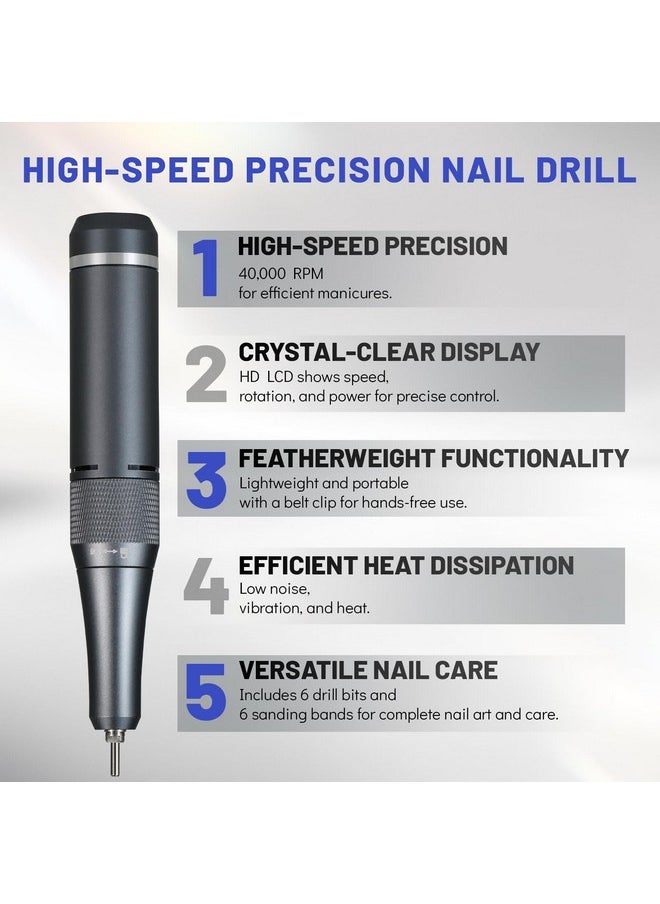 Electric Nail Drill - 40000Rpm Rechargeable Portable Nail Filer Machine With Nail Drill Bits Sanding Bands For Acrylic/Gel Nails Removal Manicure Pedicure Kit For Salon Home Use