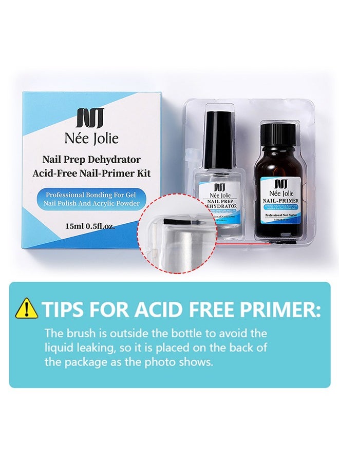 Nail Prep Dehydrator Acid-Free Nail-Primer Kit，Professional Natural Nail Prep Dehydrating and Acid Free Primer, Acrylic and Gel Nail Polish Dehydrator, Non-Acid Primer for UV Gels Quick Dry Premium Adhesive Set