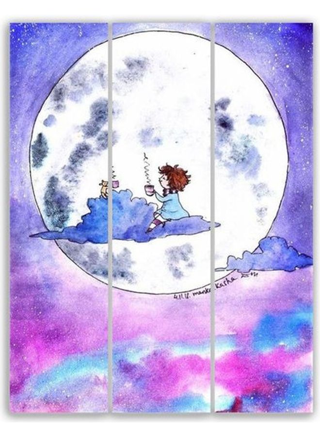 3-Piece Girl On The Cloud Themed Wall Painting Without Frame Blue/Pink/White S