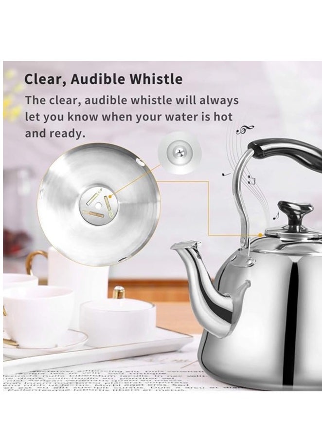 1 Piece Rustproof Premium Stainless Steel Whistling Teapot with Infuser Mirror Finish Coffee Kettle Easy Pour Spout Tea Kettle with Lid and Heat Resistive Ergonomic Handle Induction Compatible Stovetop Safe Teapot 2L