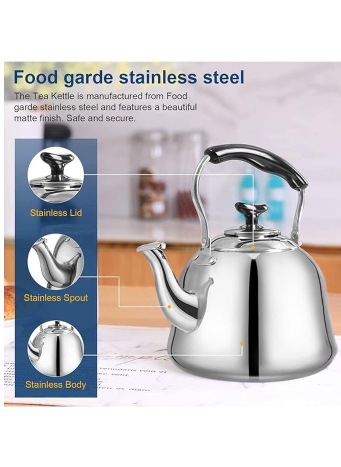 1 Piece Rustproof Premium Stainless Steel Whistling Teapot with Infuser Mirror Finish Coffee Kettle Easy Pour Spout Tea Kettle with Lid and Heat Resistive Ergonomic Handle Induction Compatible Stovetop Safe Teapot 2L