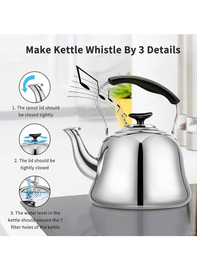 1 Piece Rustproof Premium Stainless Steel Whistling Teapot with Infuser Mirror Finish Coffee Kettle Easy Pour Spout Tea Kettle with Lid and Heat Resistive Ergonomic Handle Induction Compatible Stovetop Safe Teapot 4L