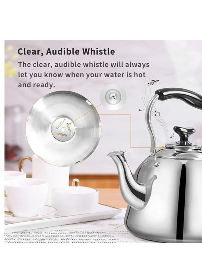 1 Piece Rustproof Premium Stainless Steel Whistling Teapot with Infuser Mirror Finish Coffee Kettle Easy Pour Spout Tea Kettle with Lid and Heat Resistive Ergonomic Handle Induction Compatible Stovetop Safe Teapot 4L