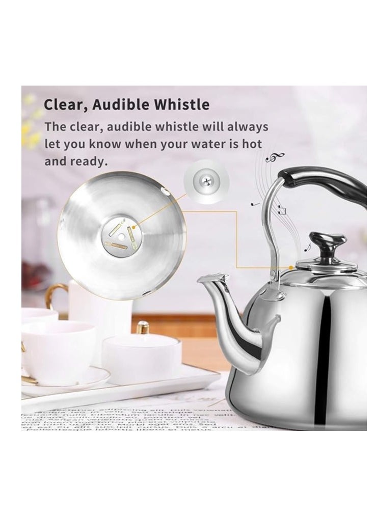 1 Piece Rustproof Premium Stainless Steel Whistling Teapot with Infuser Mirror Finish Coffee Kettle Easy Pour Spout Tea Kettle with Lid and Heat Resistive Ergonomic Handle Induction Compatible Stovetop Safe Teapot 3L