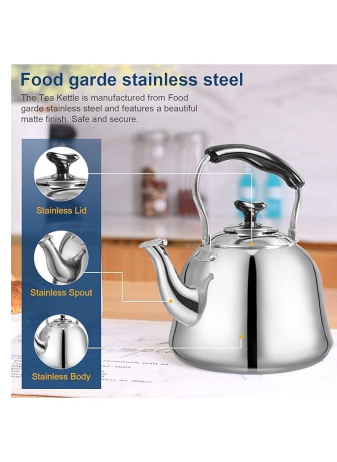 1 Piece Rustproof Premium Stainless Steel Whistling Teapot with Infuser Mirror Finish Coffee Kettle Easy Pour Spout Tea Kettle with Lid and Heat Resistive Ergonomic Handle Induction Compatible Stovetop Safe Teapot 3L