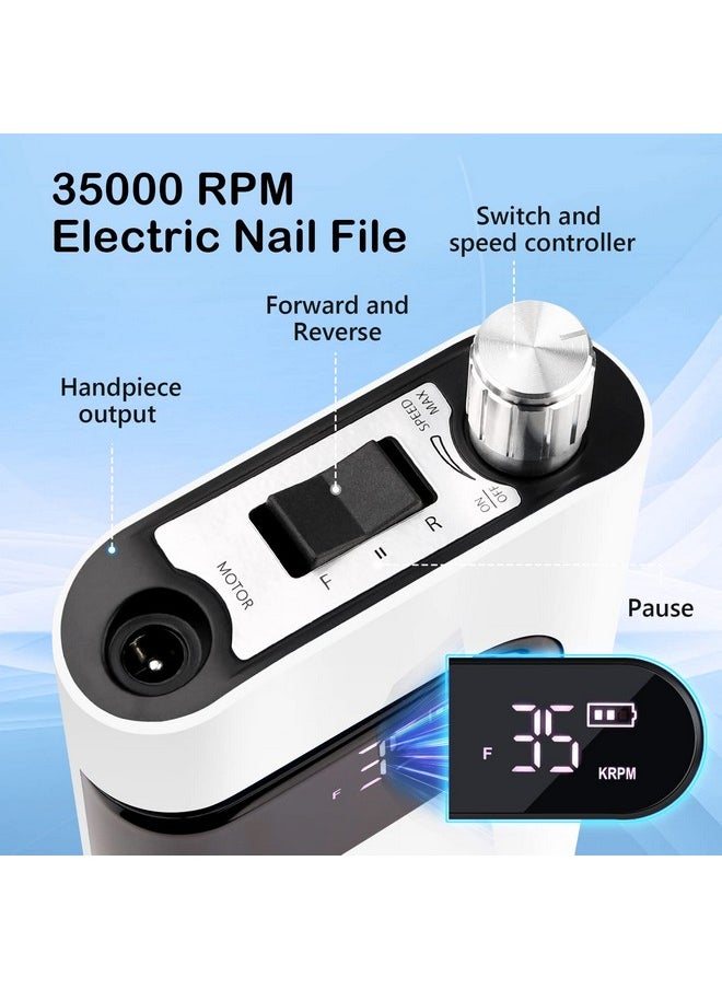 Electric Nail Drill, 35000Rpm Coreless Professional Nail Efile With 6 Nail Drill Bits & Sanding Bands, Rechargeable Nail Drill For Acrylic Gel Nails, White