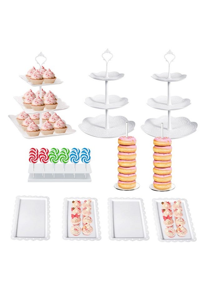 10 Pcs Dessert Table Display Set Cupcake Stand White Plastic Cake Stand Holder 3 Tire Cake Display Stands Cookie Tray Rack Serving Tower Cake Pop Stand Donut Stand For Wedding Baby Shower Tea Party