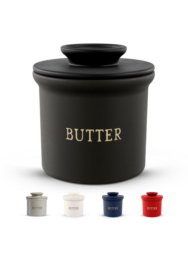 Butter Crock With Lid, Soft Spreadable Butter, Ceramic French Butter Keeper To Leave On Counter With Water Line, Butter Dish, Home And Kitchen Decor, Perfect For Christmas Gift (Black)