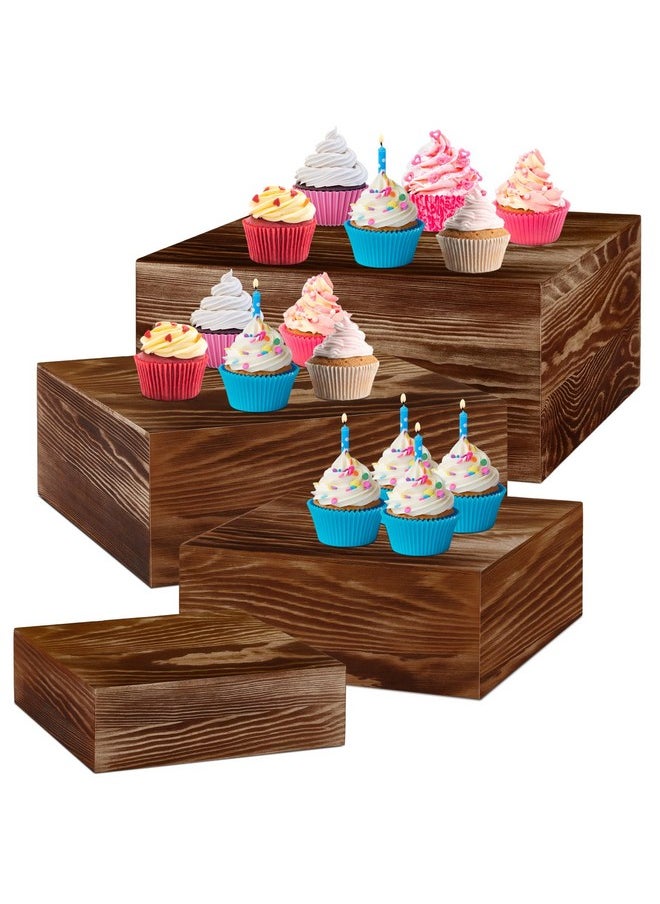 Set Of 4 Wood Display Risers Rustic Cupcake Stand Rustic Wood Cake Stands Wooden Stackable Display Box For Dessert Wedding Birthday Christmas Village Party Decoration(Black Brown)