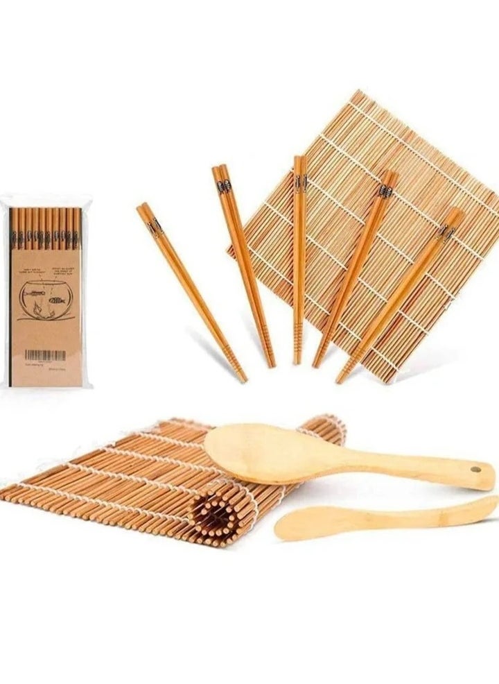 Sushi Making Kit, Bamboo Sushi Mat, Including 2 Sushi Rolling Mats, 5 Pairs of Chopsticks, 1 Paddle, 1 Spreader, 1 Beginner Guide PDF, Roll On, Beginner Sushi Kit