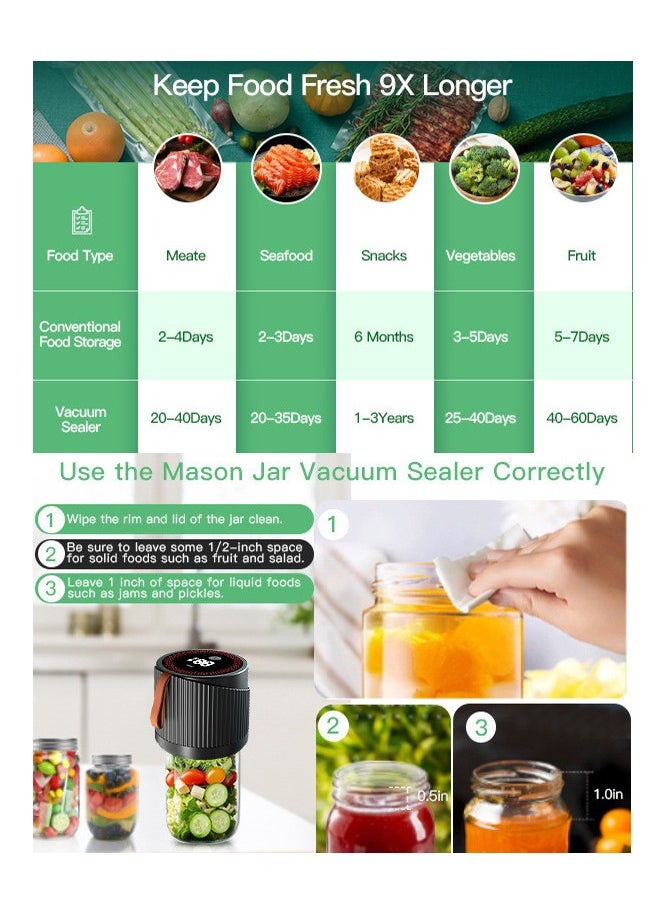 Electric Mason Jar Vacuum Sealer, Automatic Food Vacuum Sealing Machine with LED Display, Type-C Charging Port, Compact 2000mAh Battery, Ideal for Food Preservation and Storage, Travel-Friendly